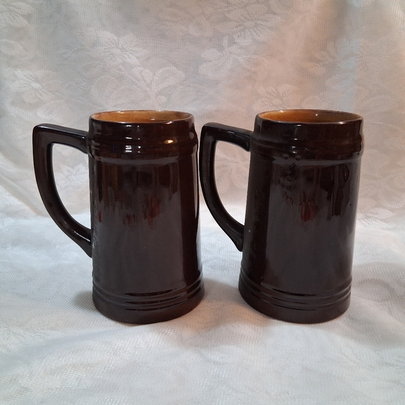 Vintage Moriyama Beer Mugs Monk Wine Cellar Japan Brown Pottery Steins Pair - Picture 4 of 16